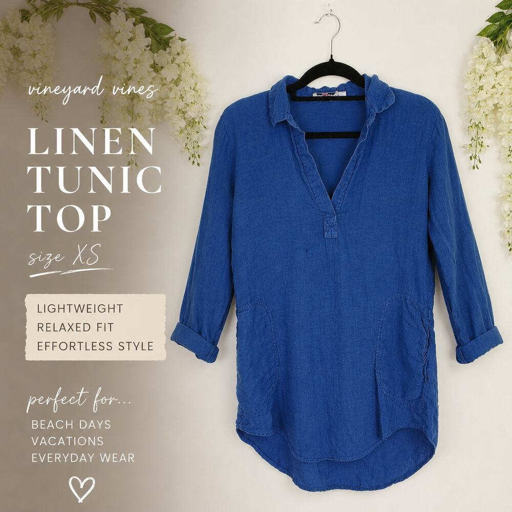 Vineyard Vines Tunic Top XS Blue Linen Popover Pockets Coastal Boho Lagenlook